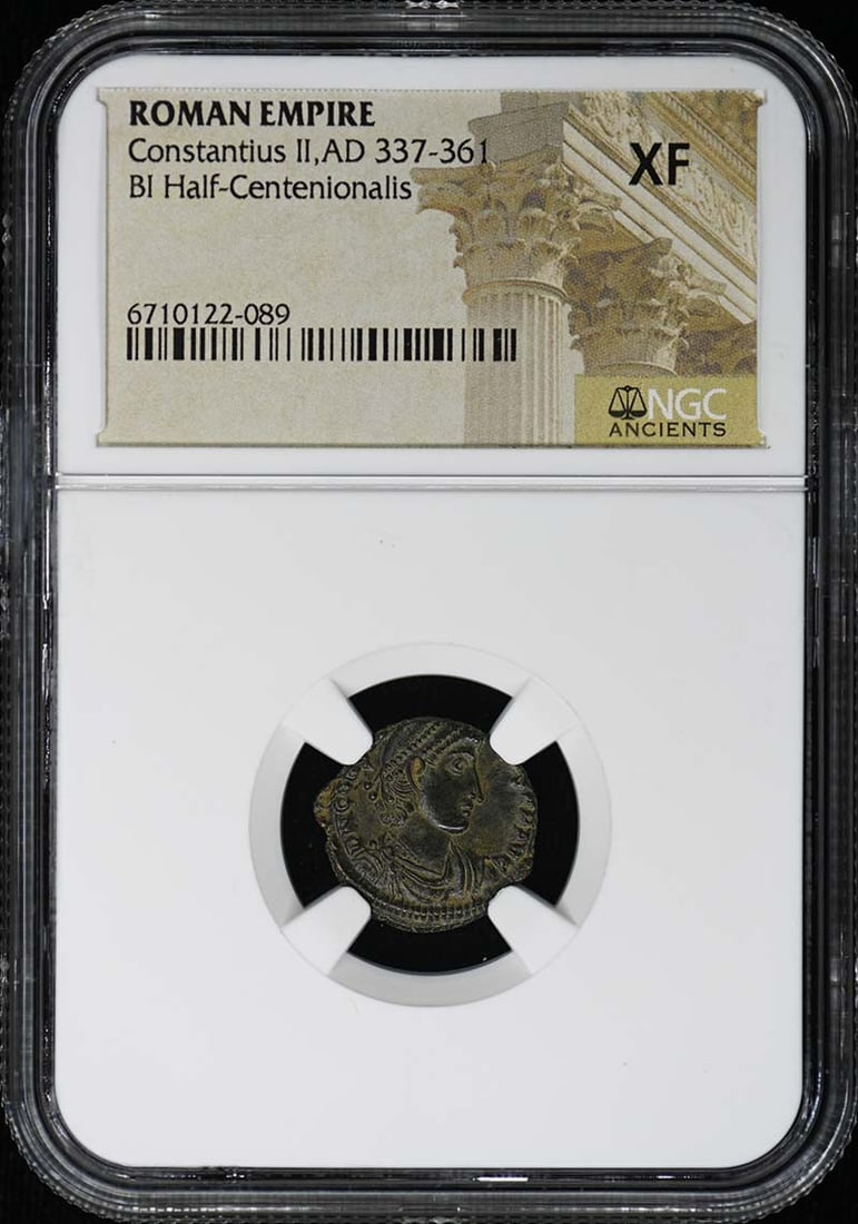 NGC XF Half-Centenionalis of Constantius II Roman Empire: NGC XF Half-Centenionalis of Constantius II Roman Empire This is a Roman Empire BI Half-Centenionalis coin from the reign of Constantius II, dating from AD 337-361. The coin has been authenticated and