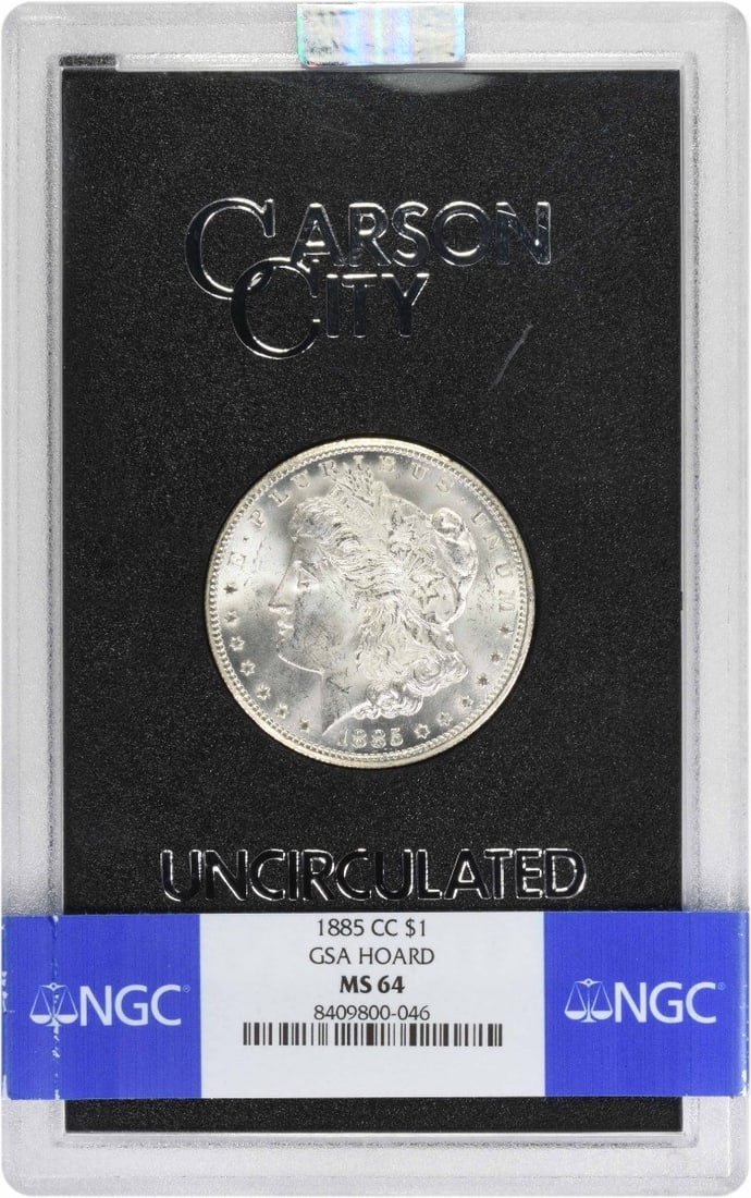 MS64 1885 Carson City Morgan Dollar NGC Certified GSA Holder: MS64 1885 Carson City Morgan Dollar NGC Certified GSA Holder This 1885-CC Morgan Silver Dollar is certified MS64 by NGC and comes in a GSA holder. Struck at the Carson City Mint, the coin features a c