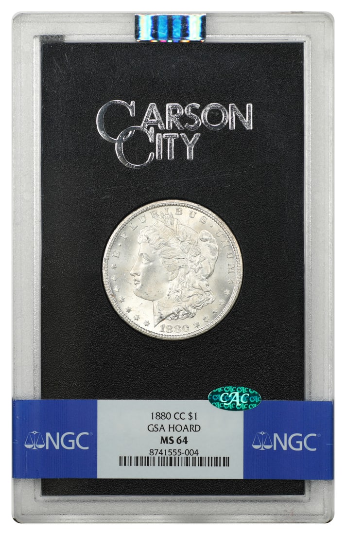1880 CC Morgan Dollar $1 NGC MS64 CAC in GSA Case: 1880 CC Morgan Dollar $1 NGC MS64 CAC in GSA Case An 1880-CC Morgan Dollar $1, certified by NGC and graded MS64 with CAC approval. This Carson City issue is housed in the original hard case and is des