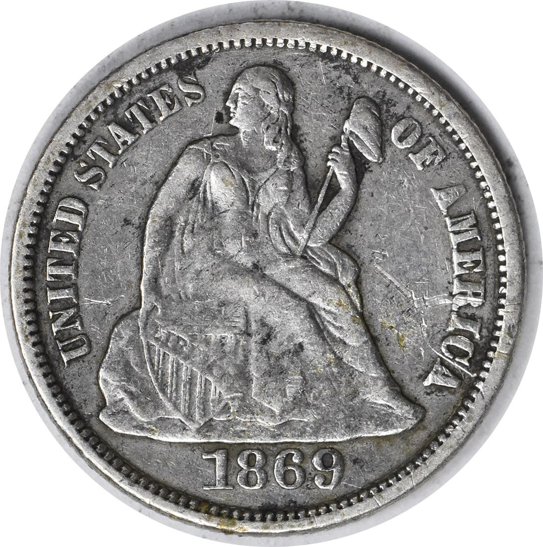 1869-S Liberty Seated Silver Dime 10C Uncertified San Francisco: 1869-S Liberty Seated Silver Dime 10C Uncertified San Francisco This 1869-S Liberty Seated Silver Dime is a beautiful piece of numismatic history. With its striking design by Christian Gobrecht, this 