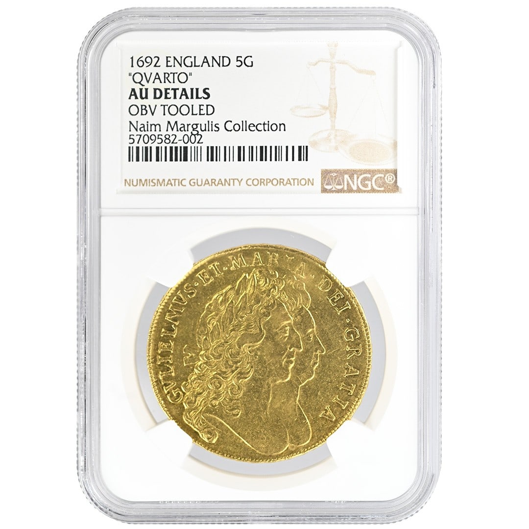1692 England William and Mary 5 Guineas Gold NGC AU Details: 1692 England William and Mary 5 Guineas Gold NGC AU Details This is a 1692 5 Guineas gold coin from England, featuring the reign of William and Mary. The coin has been certified by NGC with an AU Deta