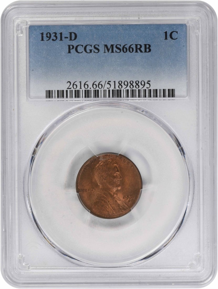 PCGS MS66RB 1931 Denver Lincoln Wheat Penny Copper Coin: PCGS MS66RB 1931 Denver Lincoln Wheat Penny Copper Coin This is a 1931-D Lincoln Wheat Cent graded MS66RB by PCGS. The coin is uncirculated and composed of copper. It was minted in Denver and features
