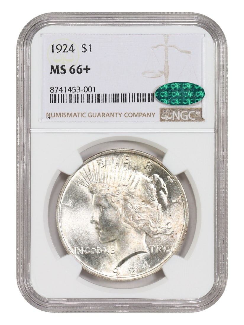 1924 Peace Dollar $1 NGC MS66+ CAC Certified: 1924 Peace Dollar $1 NGC MS66+ CAC Certified 1924 Peace Dollar $1 certified by NGC and CAC, graded MS66+. Minted in Philadelphia, this uncirculated coin is a pre-owned example from the Peace Dollar se