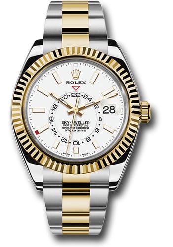 Rolex SkyDweller 326933 White Dial Oyster Bracelet Fluted Bezel: Rolex SkyDweller 326933 White Dial Oyster Bracelet Fluted Bezel This Rolex Sky-Dweller features a white dial and is paired with the signature Oyster bracelet. The watch is equipped with a fluted bezel