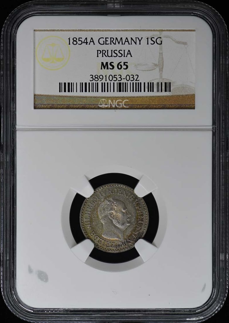 1854 Prussia Silver Groschen 1SG NGC MS65 Uncirculated Coin: 1854 Prussia Silver Groschen 1SG NGC MS65 Uncirculated Coin This 1854 Prussia silver Groschen coin is a remarkable example of numismatic history. Certified by NGC with a grade of MS65, it showcases ex