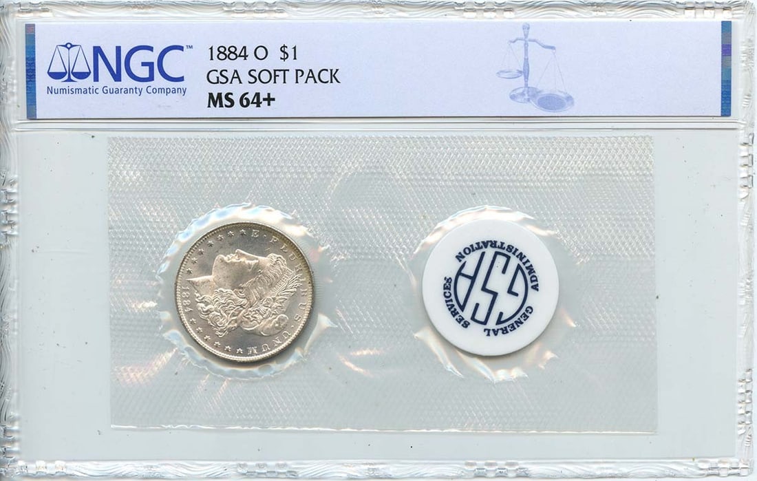 NGC MS64 Plus 1884 O Morgan Dollar GSA Soft Pack Silver Coin: NGC MS64 Plus 1884 O Morgan Dollar GSA Soft Pack Silver Coin This is an 1884 O Morgan Dollar presented in a GSA soft pack and certified by NGC with a grade of MS64+. The coin is uncirculated and minte