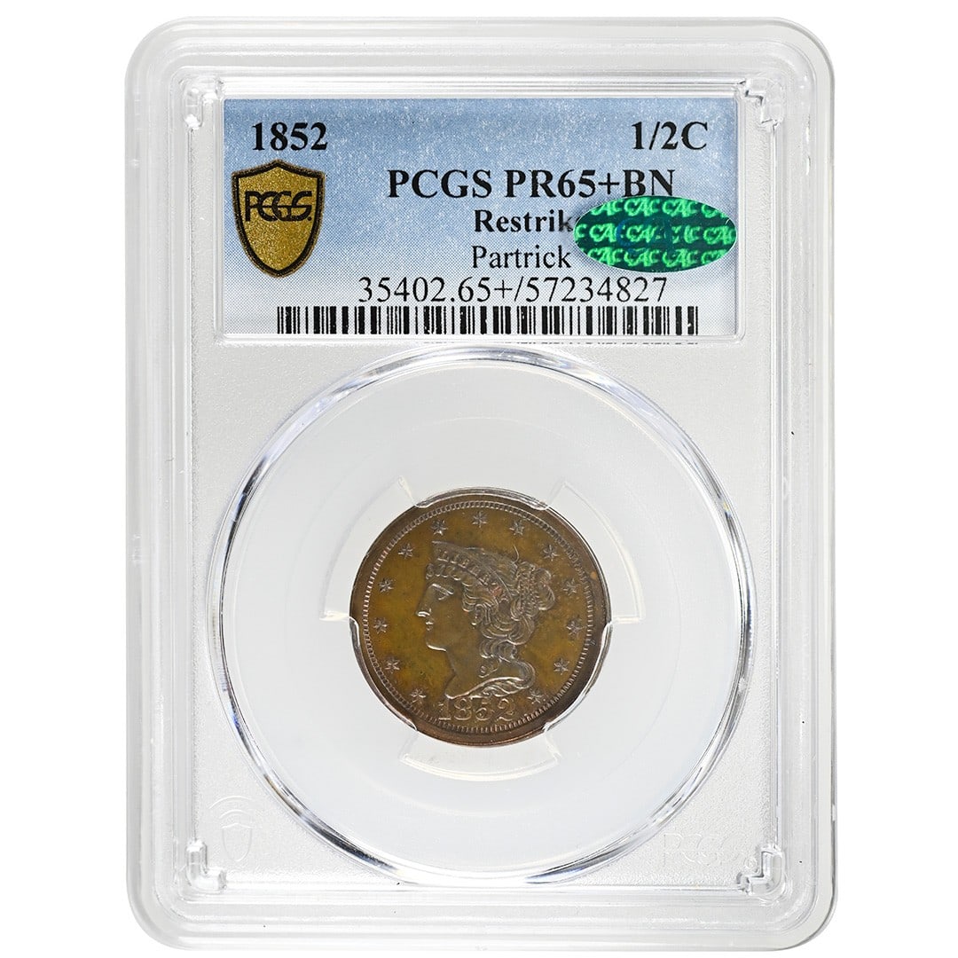 1852 Braided Hair Half Cent Proof Copper PCGS PR65+BN CAC: 1852 Braided Hair Half Cent Proof Copper PCGS PR65+BN CAC This 1852 Braided Hair Half Cent is a rare proof restrike, graded PR65+BN by PCGS and verified by CAC. Struck in copper at the Philadelphia Mi