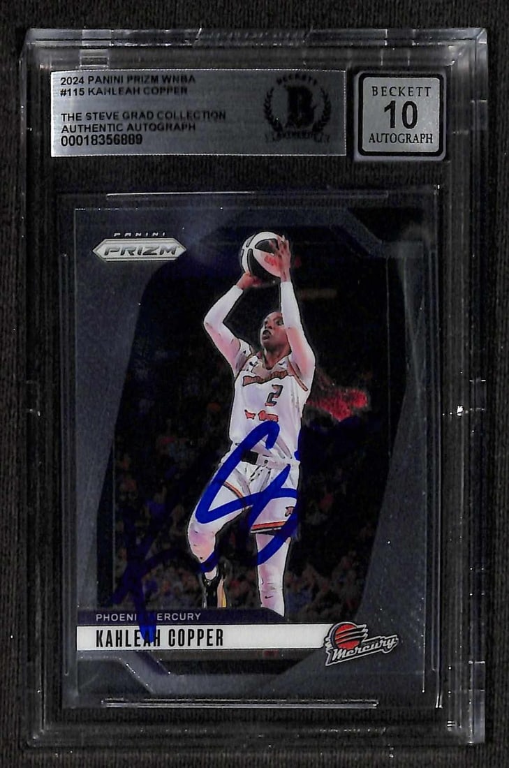Beckett 10 Kahleah Copper 2024 Panini Prizm WNBA autograph card: Beckett 10 Kahleah Copper 2024 Panini Prizm WNBA autograph card This 2024 Panini Prizm WNBA trading card features the autograph of Kahleah Copper, a prominent WNBA player and Finals MVP. The card has 