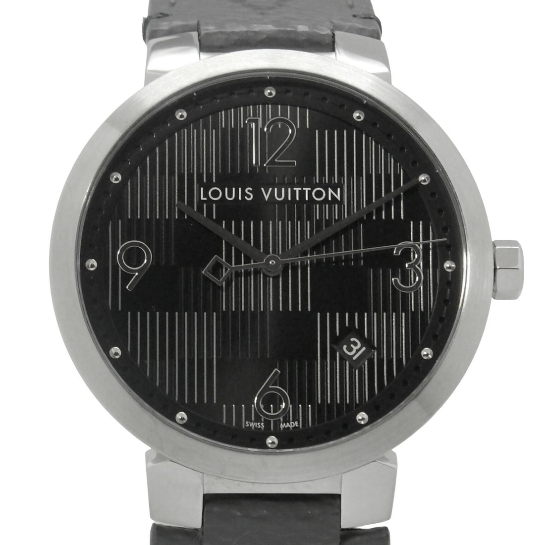 Louis Vuitton Damier Tambour Slim Quartz Men's Wristwatch: Louis Vuitton Damier Tambour Slim Quartz Men's Wristwatch This is a Louis Vuitton Tambour Slim Damier Q1D07 men's wristwatch featuring a quartz movement. Designed for men, this pre-owned timepiece is 