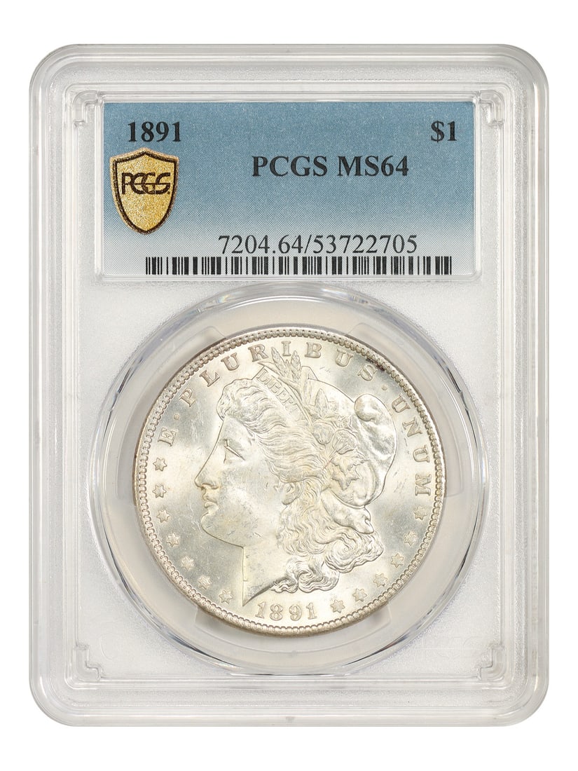 1891 Philadelphia Morgan Dollar $1 PCGS MS64 Better Date: 1891 Philadelphia Morgan Dollar $1 PCGS MS64 Better Date An 1891 Morgan Dollar $1 certified by PCGS MS64. This Philadelphia Mint issue is noted as a better date and is especially tough in Gem uncircul