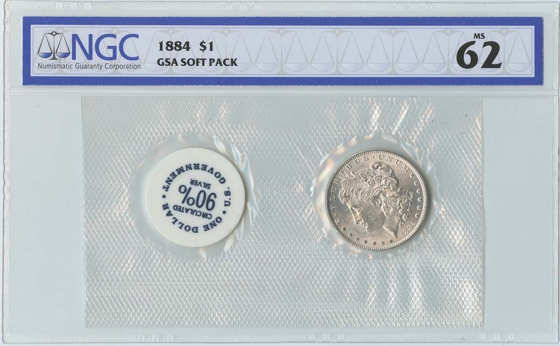 NGC MS62 1884 Morgan Dollar Soft Pack GSA Issue Silver Coin: NGC MS62 1884 Morgan Dollar Soft Pack GSA Issue Silver Coin This 1884 Morgan Dollar is graded MS62 by NGC and comes in a GSA soft pack. Minted in Philadelphia, this uncirculated coin is a classic exam