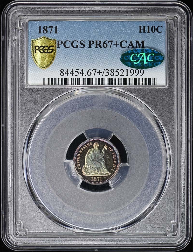 1871 Liberty Seated Half Dime PCGS PR67+ CAM CAC: 1871 Liberty Seated Half Dime PCGS PR67+ CAM CAC This 1871 Liberty Seated Half Dime is a proof coin graded PR67+CAM by PCGS, with an additional CAC designation. Struck in Philadelphia, it features the
