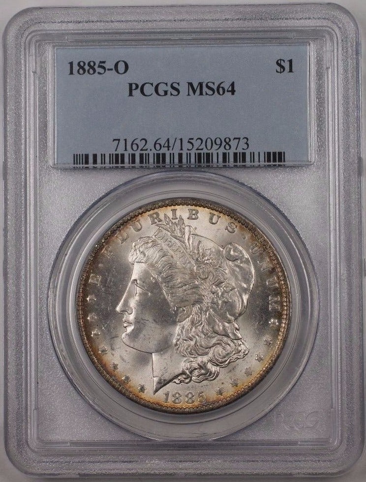 PCGS MS-64 1885-O Morgan Silver Dollar Uncirculated with Attractive Toning: PCGS MS-64 1885-O Morgan Silver Dollar Uncirculated with Attractive Toning This 1885-O US Morgan Silver Dollar is a $1 coin certified by PCGS with a grade of MS-64. Struck at the New Orleans Mint, the