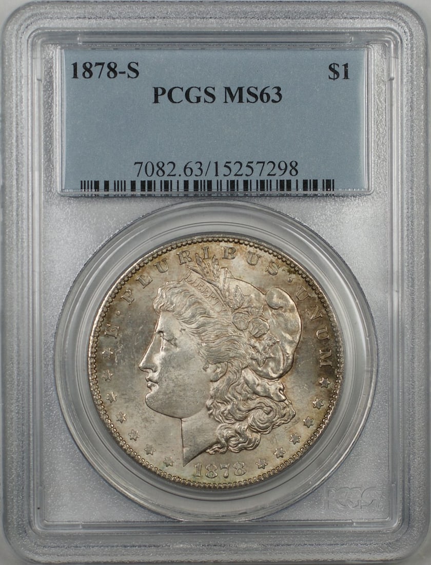 PCGS MS63 1878-S Morgan Silver Dollar: PCGS MS63 1878-S Morgan Silver Dollar This is a 1878-S Morgan Silver Dollar coin from the United States, graded MS-63 by PCGS. The coin is composed of silver, is uncirculated, and was minted in San Fr