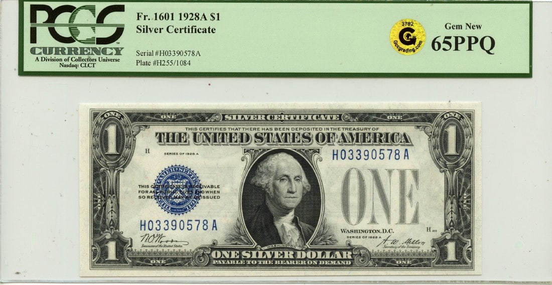 1928A $1 Silver Certificate Fr#1601 PCGS GEM 65 PPQ: 1928A $1 Silver Certificate Fr#1601 PCGS GEM 65 PPQ This 1928A $1 Silver Certificate, designated as Fr#1601, boasts a remarkable PCGS grade of GEM 65 PPQ. As an uncirculated piece, it showcases the pr
