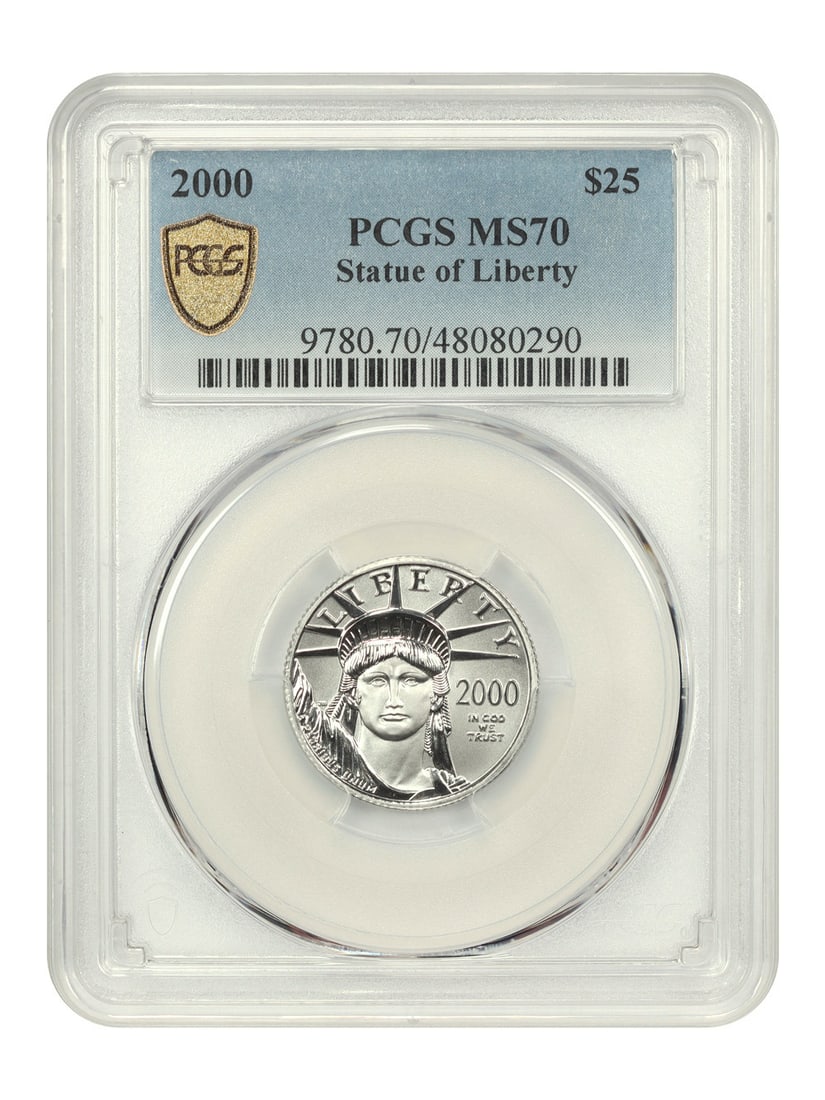 2000 PCGS MS70 $25 Platinum Eagle Statue of Liberty: 2000 PCGS MS70 $25 Platinum Eagle Statue of Liberty 2000 $25 Statue of Liberty Platinum Eagle certified by PCGS and graded MS70. This uncirculated coin has a denomination of $25, was struck in 2000 at