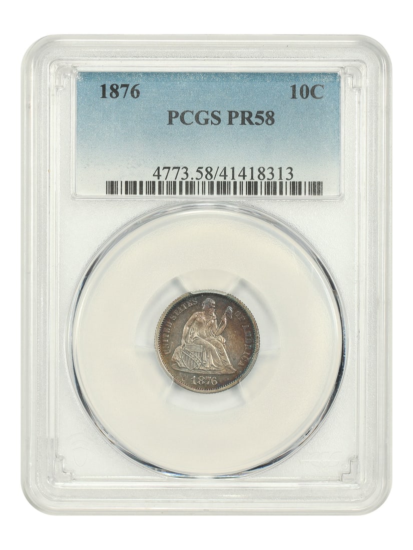 PCGS PR58 1876 Liberty Seated 10C Dime: PCGS PR58 1876 Liberty Seated 10C Dime 1876 Liberty Seated Dime graded PCGS PR58. The coin is a 10C issue from Philadelphia and is described as circulated. The original description notes a proof minta
