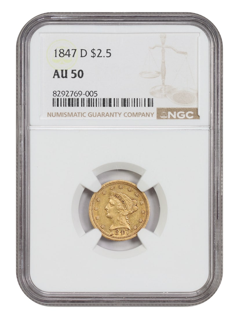 1847 Dahlonega Liberty Head $2.50 Gold Coin NGC AU50: 1847 Dahlonega Liberty Head $2.50 Gold Coin NGC AU50 An 1847 Dahlonega-mint $2.50 Liberty Head gold coin certified by NGC as AU50. This circulated example comes from a low mintage of just 15,784 and i