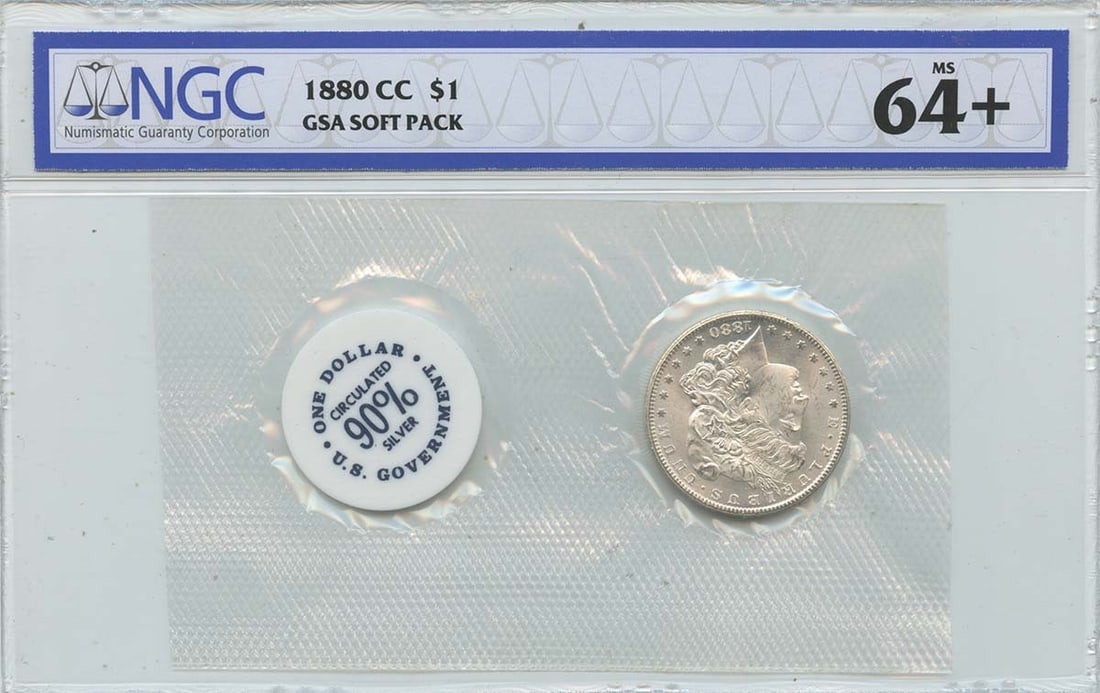 NGC MS64 Plus 1880 Carson City Morgan Silver Dollar GSA Soft Pack: NGC MS64 Plus 1880 Carson City Morgan Silver Dollar GSA Soft Pack This is an 1880-CC Morgan Dollar graded MS64+ by NGC. It is presented in a GSA Soft Pack and was minted in Carson City. The coin is un