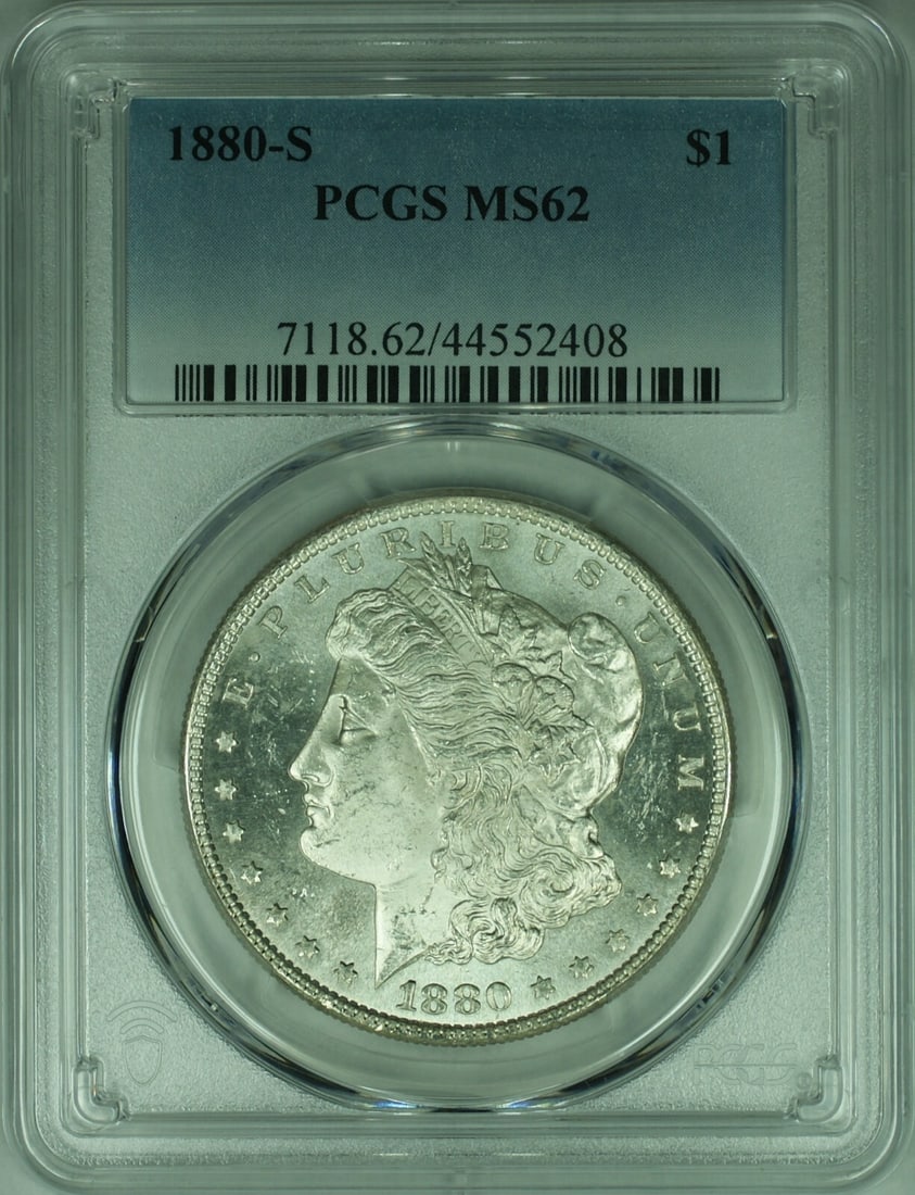 PCGS MS-62 1880-S San Francisco Morgan Dollar Uncirculated Silver Coin: PCGS MS-62 1880-S San Francisco Morgan Dollar Uncirculated Silver Coin This is an 1880-S Morgan Silver Dollar coin certified by PCGS with a grade of MS-62. Minted in San Francisco, it is composed of 9