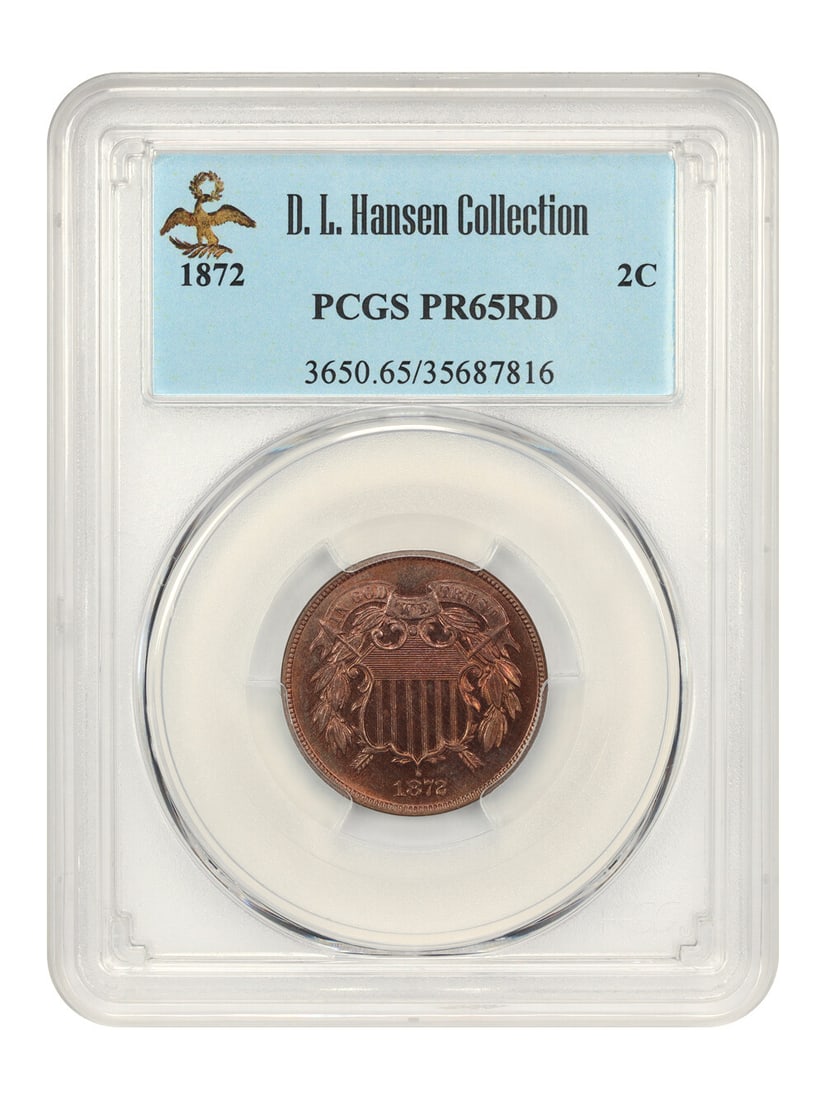 1872 2C PCGS Proof 65 RD Low Mintage Coin D.L. Hansen: 1872 2C PCGS Proof 65 RD Low Mintage Coin D.L. Hansen This 1872 2-Cent coin is a stunning example of numismatic craftsmanship, certified by PCGS with a grade of 65 RD, indicating its remarkable qualit