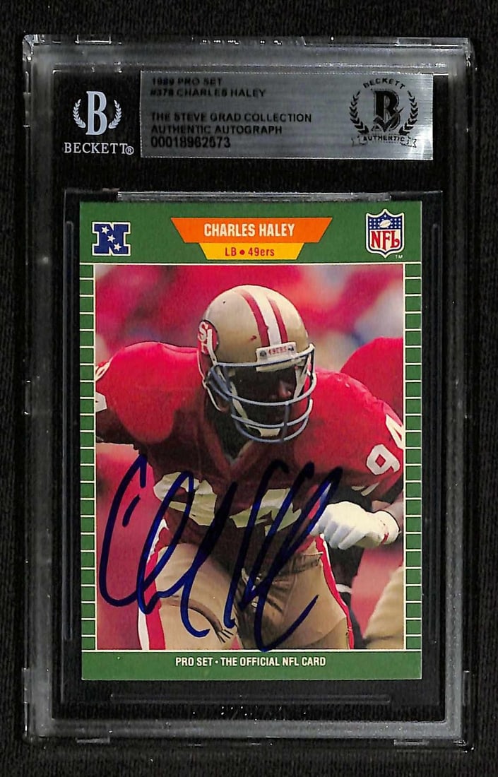 1989 Pro Set Charles Haley autographed 49ers card Beckett authenticated: 1989 Pro Set Charles Haley autographed 49ers card Beckett authenticated This is a signed 1989 Pro Set football trading card featuring Charles Haley of the San Francisco 49ers. The card is hand-signed 