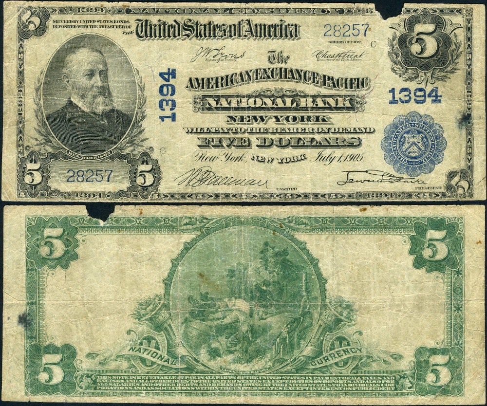 1902 PB New York $5 American Exchange National Bank Note Fine (1 of 3)