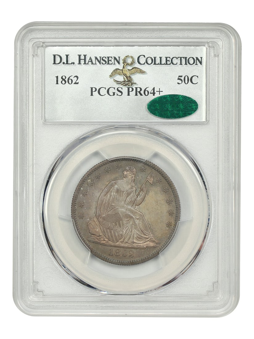 Liberty Seated Half Dollar 1862 50C PR64+ PCGS CAC: Liberty Seated Half Dollar 1862 50C PR64+ PCGS CAC 1862 Liberty Seated Half Dollar proof 50C certified by PCGS and CAC, graded PR64+. This uncirculated Philadelphia issue is described as a true origin