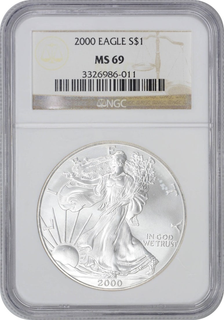 2000 NGC MS69 American Eagle 1 oz Silver Dollar Coin: 2000 NGC MS69 American Eagle 1 oz Silver Dollar Coin This 2000 American Silver Eagle Dollar is certified MS69 by NGC, indicating a near-pristine mint state. Struck by the U.S. Mint in Philadelphia, th