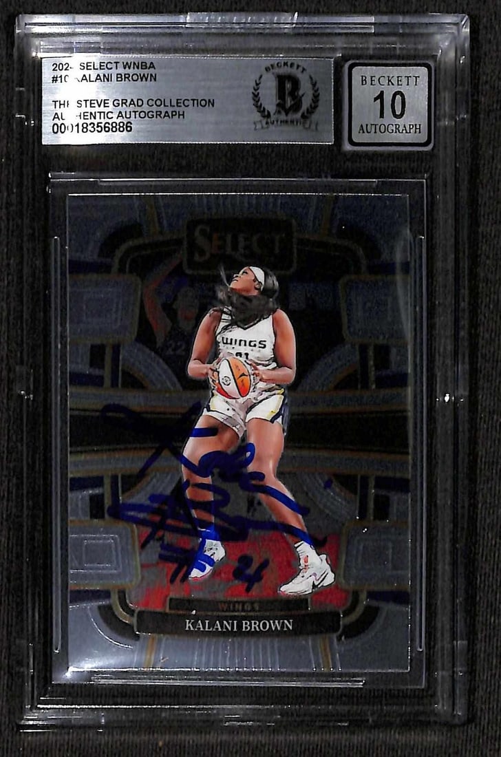 Beckett 10 Kalani Brown autographed 2022 Select WNBA card: Beckett 10 Kalani Brown autographed 2022 Select WNBA card This 2022 Select WNBA trading card features the autograph of Dallas Wings center Kalani Brown. The card is hand-signed and has been authentica