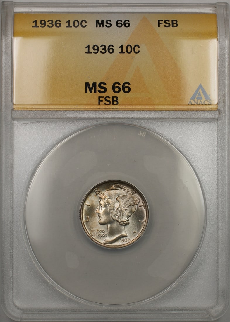 ANACS MS-66 1936 Mercury Dime Silver 10C Full Bands Philadelphia: ANACS MS-66 1936 Mercury Dime Silver 10C Full Bands Philadelphia This 1936 Silver Mercury Dime features the iconic winged Liberty Head design and is certified by ANACS with a high grade of MS-66, indi