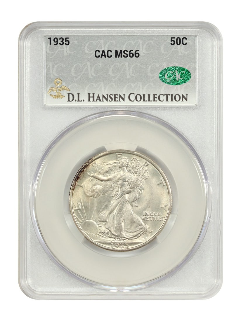 CACG MS66 1935 Walking Liberty Half Dollar ex D.L. Hansen: CACG MS66 1935 Walking Liberty Half Dollar ex D.L. Hansen 1935 Walking Liberty Half Dollar, graded MS66 by CACG and certified with certification number 459615902. This uncirculated 50C coin is from th
