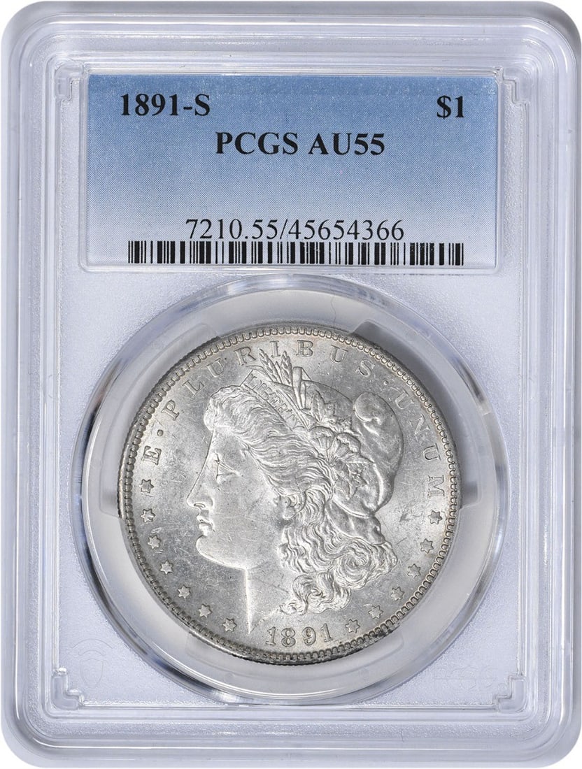 1891-S Morgan Silver Dollar AU55 PCGS Certified 90% Silver Coin: 1891-S Morgan Silver Dollar AU55 PCGS Certified 90% Silver Coin This 1891-S Morgan Silver Dollar is a classic collectible coin featuring the renowned design by George T. Morgan. Graded AU55 by PCGS, t