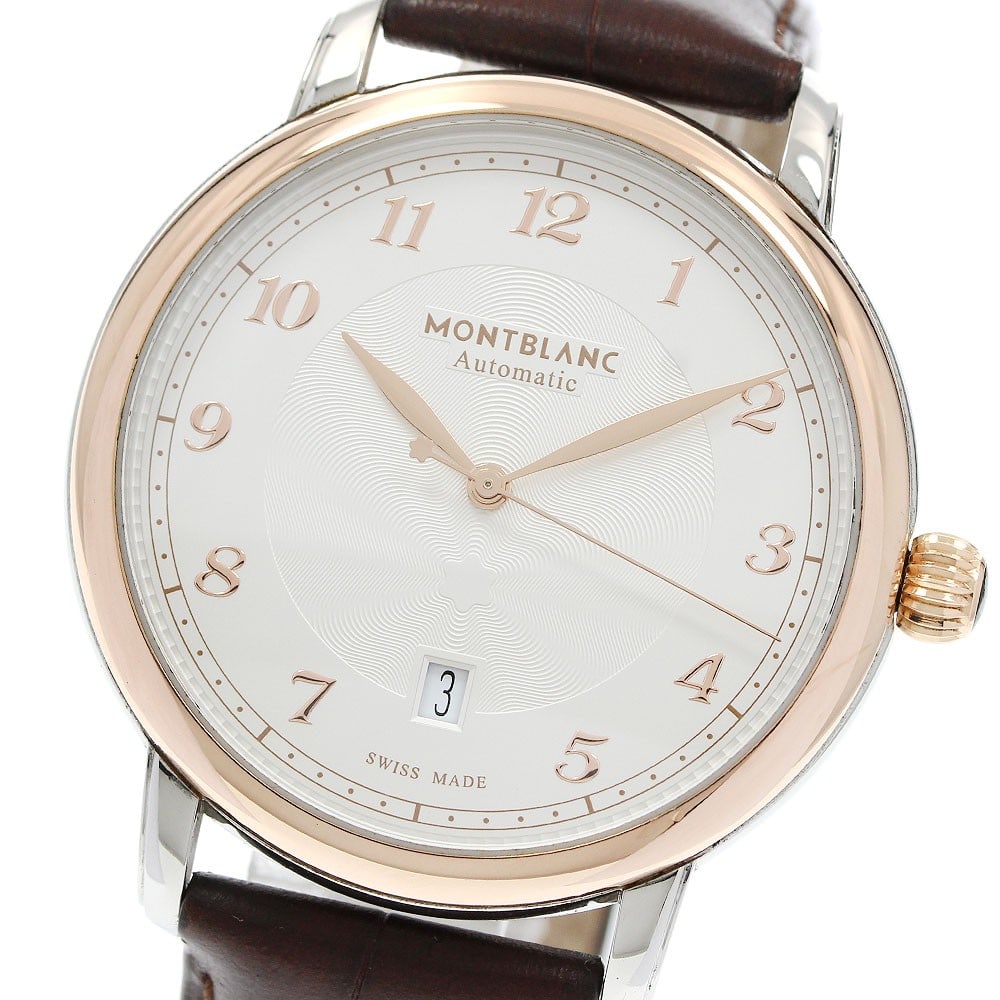 Montblanc Star Legacy Date men's wristwatch: Montblanc Star Legacy Date men's wristwatch This is a Montblanc Star Legacy Date men's wristwatch featuring a pink gold bezel. Crafted in Switzerland, this pre-owned timepiece is designed for men and 