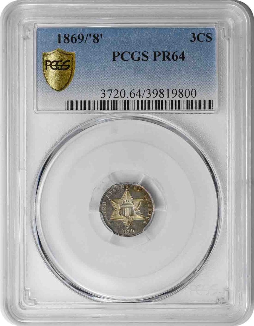 1869 Three Cent Silver Coin PR64 PCGS Proof Limited 600 Pieces: 1869 Three Cent Silver Coin PR64 PCGS Proof Limited 600 Pieces This stunning 1869 Three Cent Silver coin is graded PR64 by PCGS, indicating its excellent condition. Struck in Philadelphia, this proof 