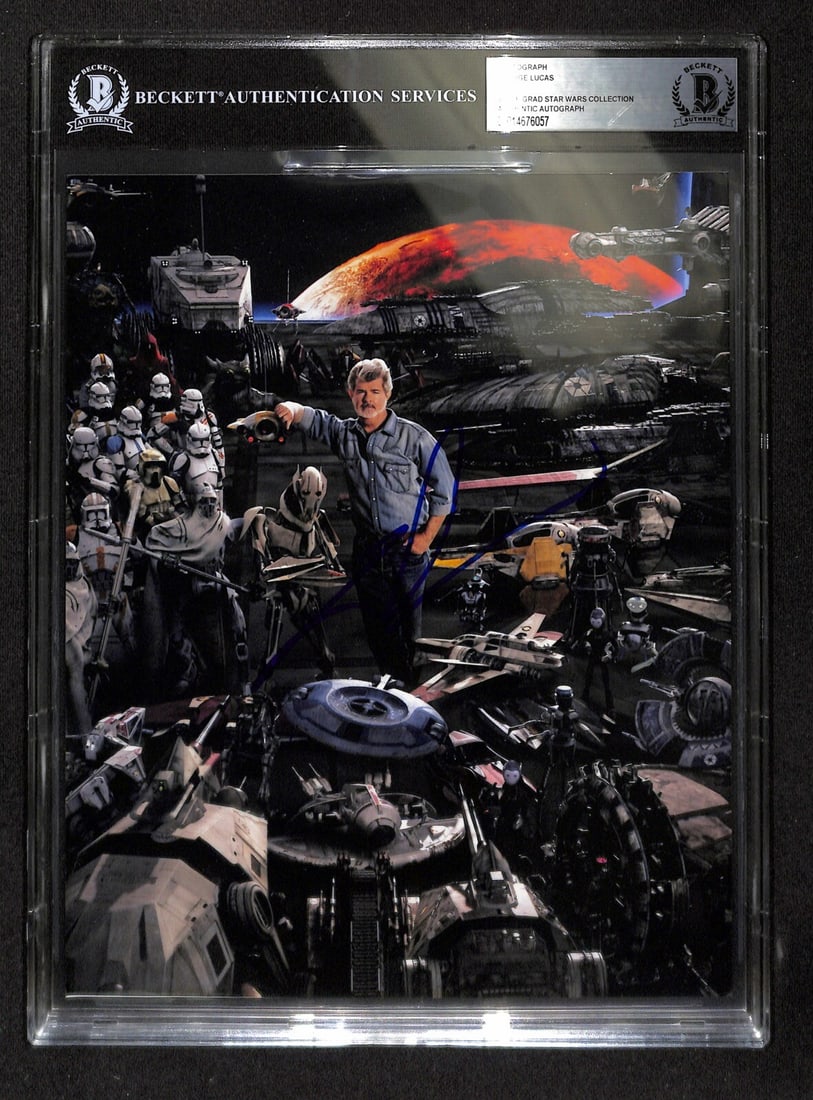 8x10 Color Photo Autographed by George Lucas Star Wars Beckett Authenticated: 8x10 Color Photo Autographed by George Lucas Star Wars Beckett Authenticated This is an original 8x10 color photograph from Star Wars, hand-signed by director and creator George Lucas in blue permanen
