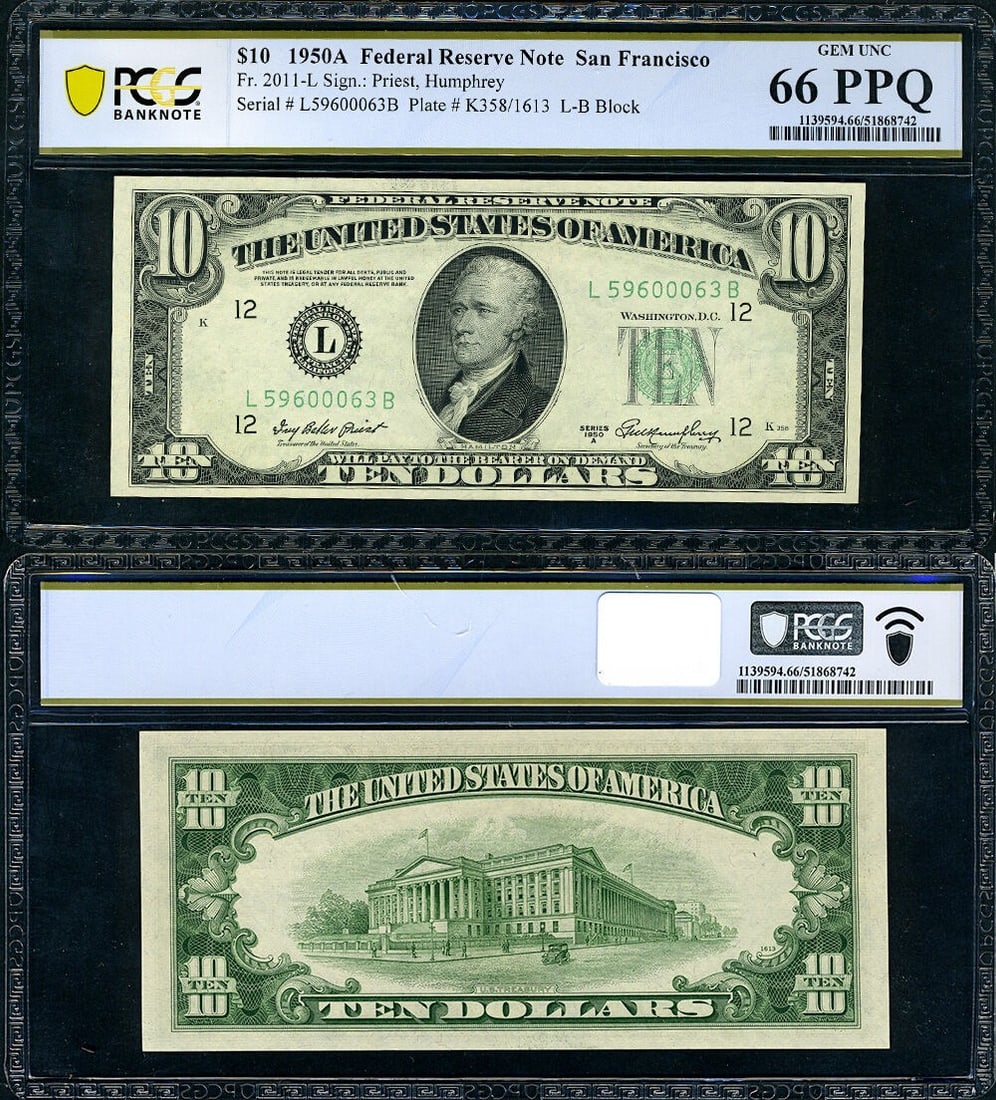 1950-A $10 San Francisco L-B Block Note PCGS Gem CU66 (1 of 3)