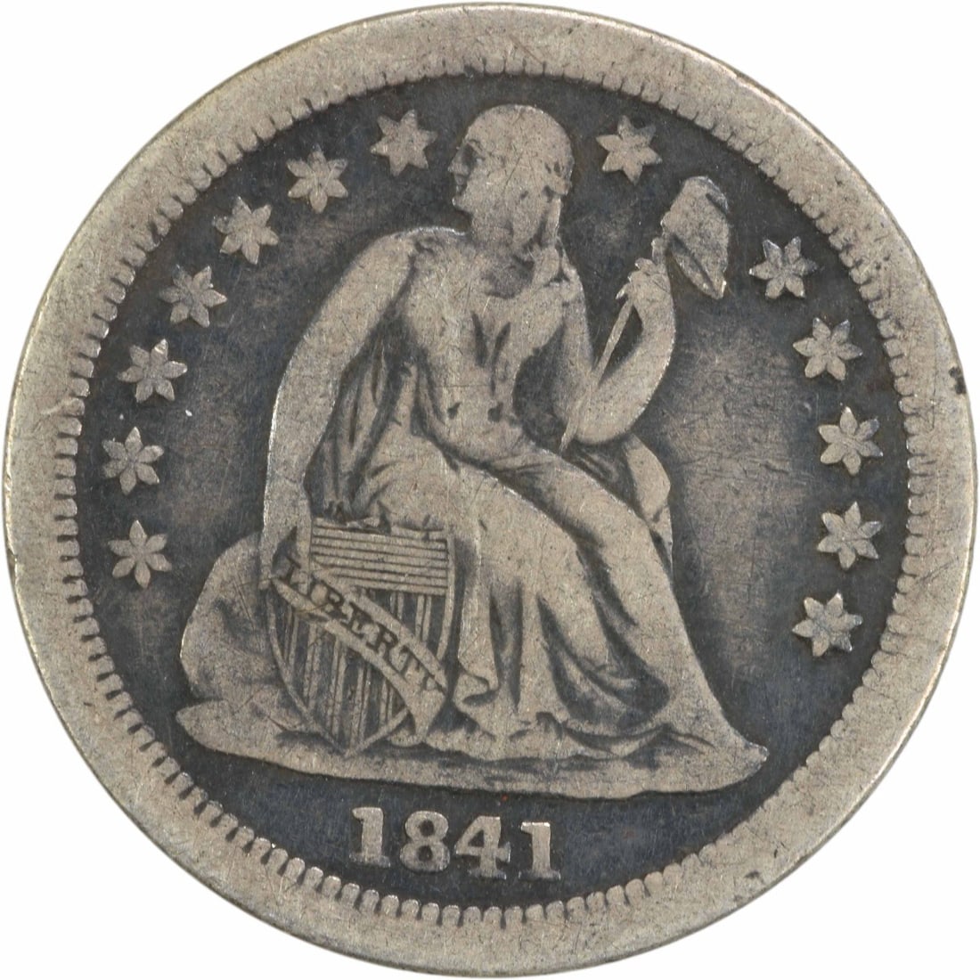 1841-O Liberty Seated Dime 10C VF Uncertified Silver Coin: 1841-O Liberty Seated Dime 10C VF Uncertified Silver Coin This 1841-O Liberty Seated Silver Dime is a remarkable collectible coin, featuring the iconic Seated Liberty design by Christian Gobrecht. Str