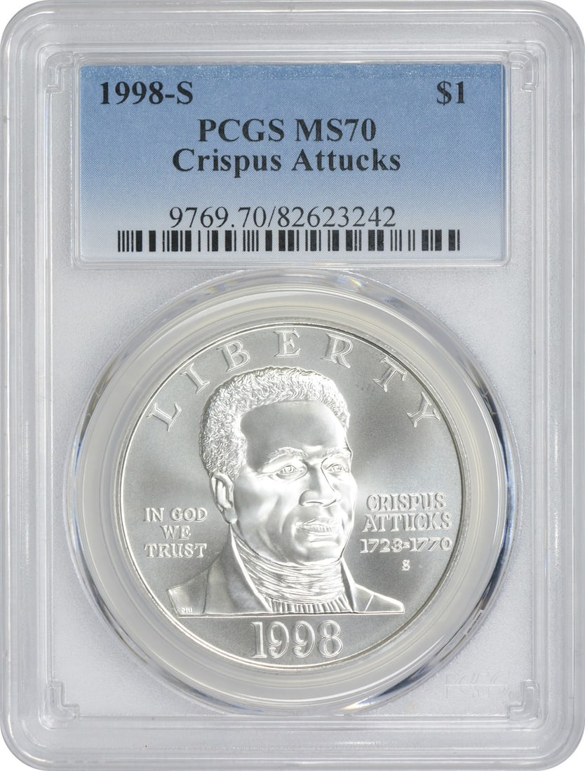 PCGS MS70 1998-S Crispus Attucks Black Patriot Silver Commemorative Dollar (1 of 2)
