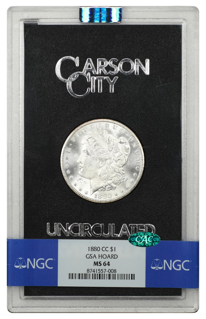1880 Carson City Morgan Dollar $1 NGC MS64 CAC GSA Case: 1880 Carson City Morgan Dollar $1 NGC MS64 CAC GSA Case 1880-CC Morgan Dollar $1 graded MS64 by NGC and CAC approved. This Carson City issue is presented as an original GSA example housed in the origi