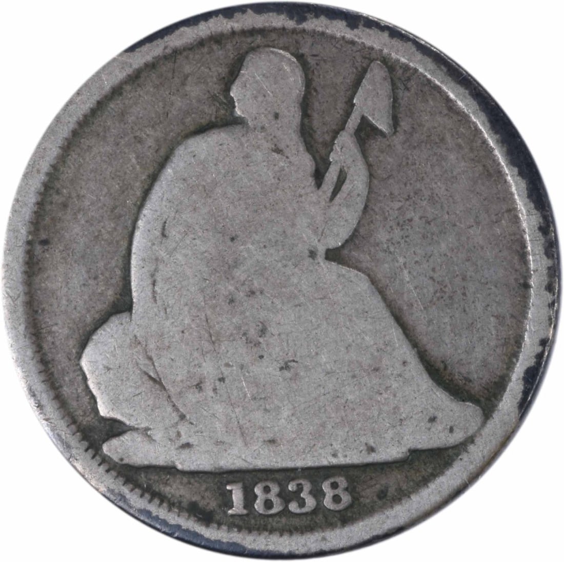 1838-O Liberty Seated Silver Dime 10C Christian Gobrecht Design: 1838-O Liberty Seated Silver Dime 10C Christian Gobrecht Design This 1838-O Liberty Seated Silver Dime is a remarkable piece of history, featuring the classic design by Christian Gobrecht. Minted in N
