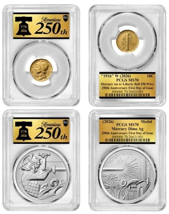 2026-W PCGS MS70 Mercury Dime Gold Coin Silver Medal 2 Coin Set (1 of 1)