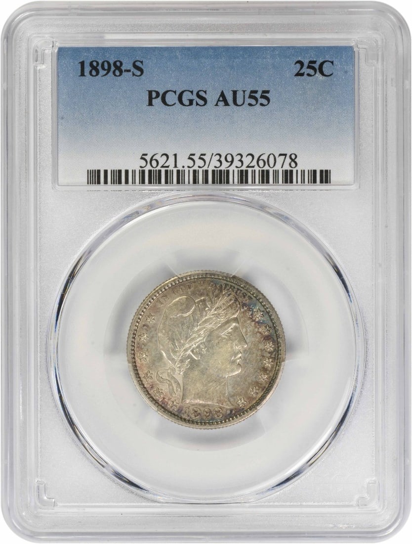 PCGS AU55 1898-S United States Barber Silver 25C Coin: PCGS AU55 1898-S United States Barber Silver 25C Coin This 1898-S Barber Quarter is composed of silver and graded AU55 by PCGS. Issued by the United States Mint in San Francisco, this pre-owned coin b