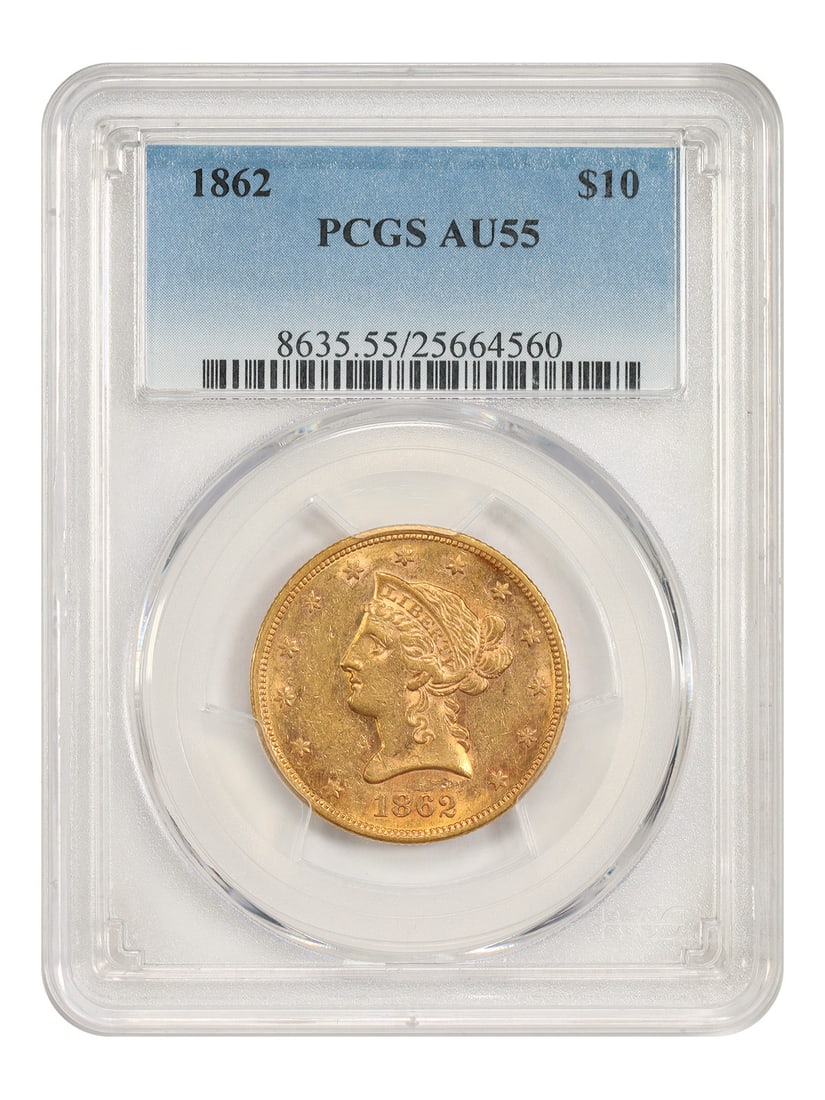1862 Liberty Head Eagle $10 Gold Coin PCGS AU55: 1862 Liberty Head Eagle $10 Gold Coin PCGS AU55 1862 Liberty Head $10 coin certified by PCGS and graded AU55. This Philadelphia-minted Civil War-era Eagle is described as a rare date in any condition,