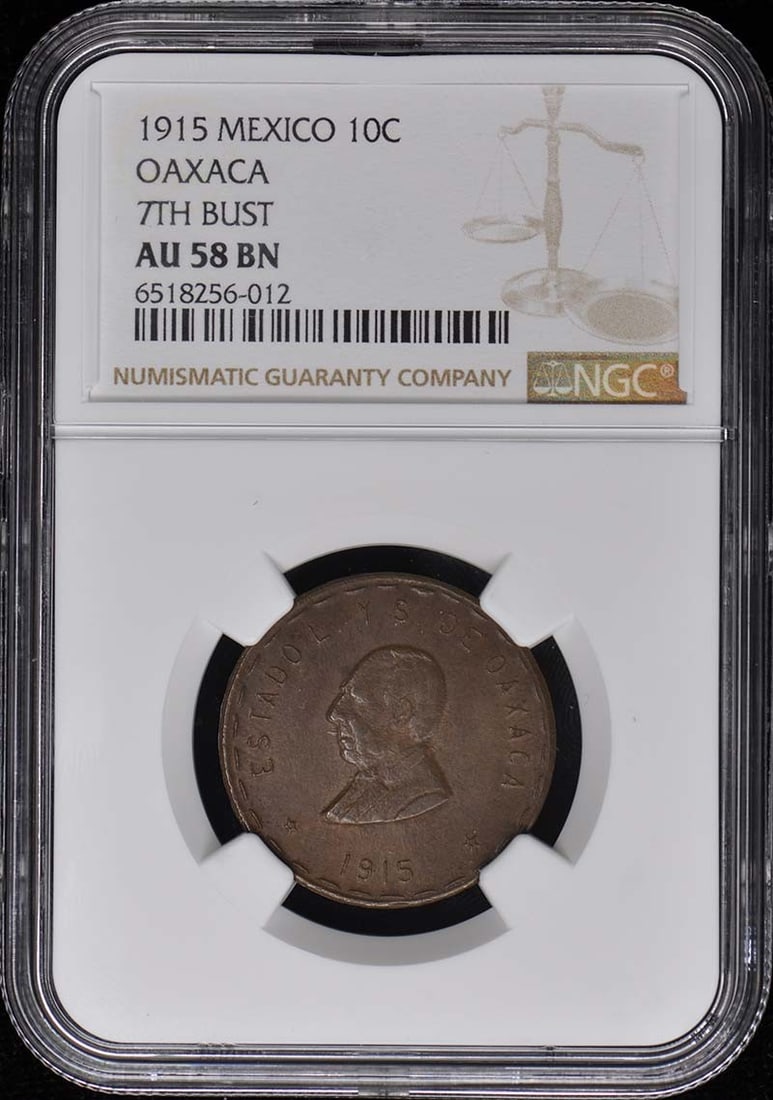 1915 Mexico Oaxaca 10 Centavos Coin NGC AU58 Certified: 1915 Mexico Oaxaca 10 Centavos Coin NGC AU58 Certified This 1915 Mexico Oaxaca 10 Centavos coin is graded AU58 by NGC, indicating it's in excellent condition with minimal wear from circulation. The co