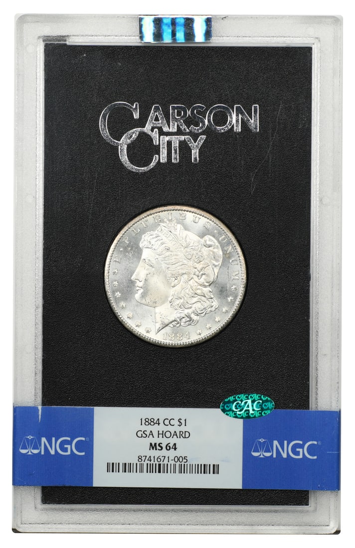 1884 Carson City Morgan Dollar $1 NGC MS64 CAC GSA Holder: 1884 Carson City Morgan Dollar $1 NGC MS64 CAC GSA Holder 1884-CC Morgan Dollar $1 certified by NGC and graded MS64, housed in the original hard case as a CC-mint GSA example. This pre-owned original 