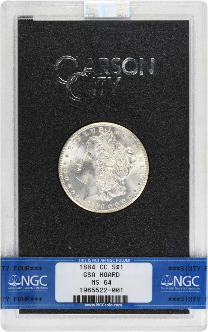NGC MS64 GSA Encased 1884 Carson City Morgan Dollar Silver Coin: NGC MS64 GSA Encased 1884 Carson City Morgan Dollar Silver Coin This 1884-CC Morgan Silver Dollar is graded MS64 by NGC and comes in a GSA holder. Struck at the Carson City Mint, this uncirculated coi