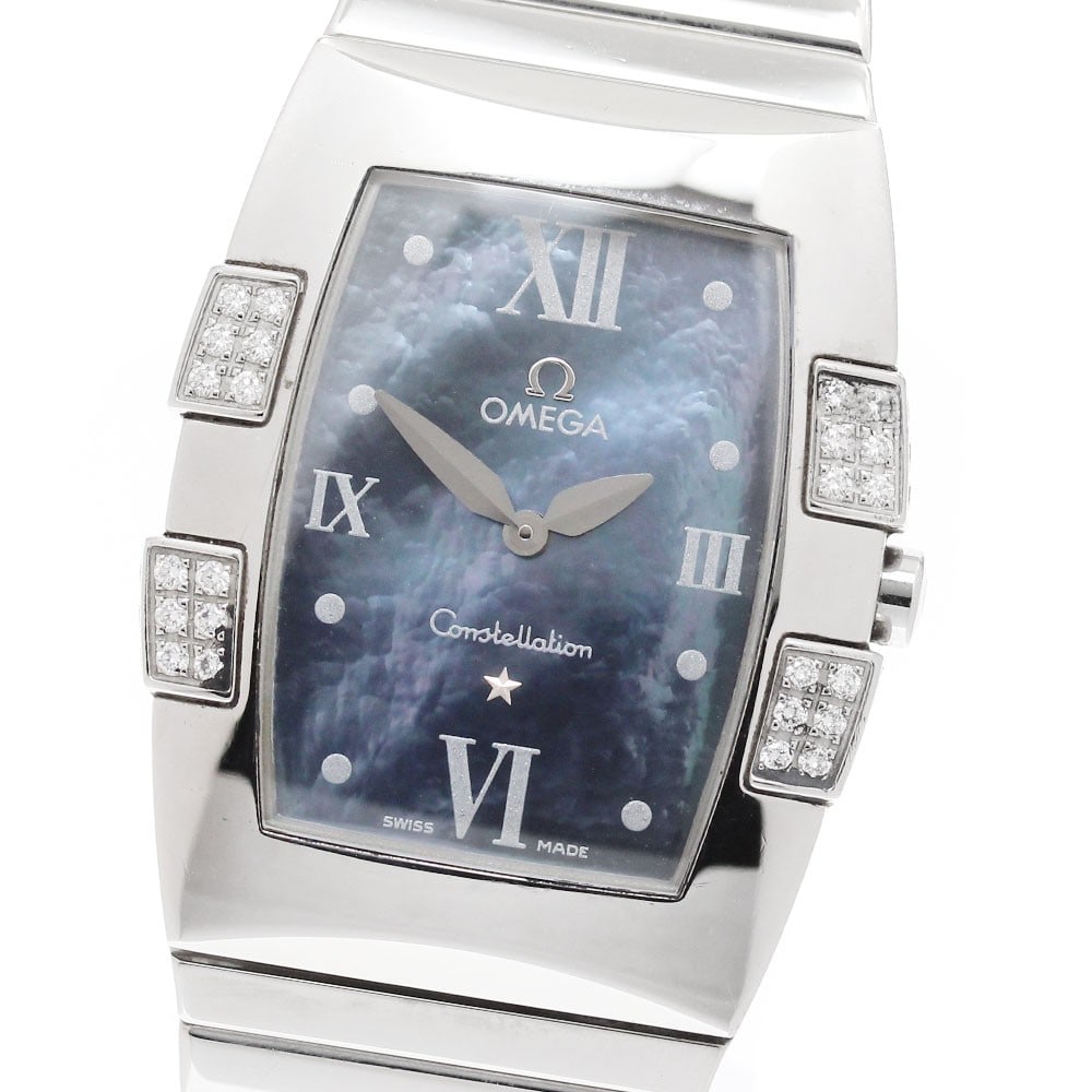 Omega Constellation Quadrella Quartz Diamond Bezel Blue Shell Watch: Omega Constellation Quadrella Quartz Diamond Bezel Blue Shell Watch This OMEGA Constellation Quadrella wristwatch features a diamond bezel and a blue shell dial. Designed for women, this Swiss-made qu