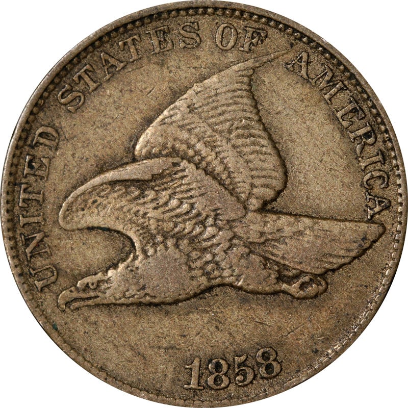1858 Flying Eagle copper cent: 1858 Flying Eagle copper cent This is an 1858LL Flying Eagle Cent from the United States, composed of copper. The coin is circulated and comes uncertified. It is a pre-owned collectible from the mid-1