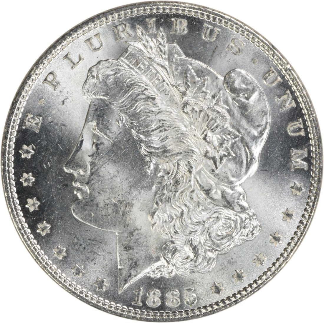 Uncirculated 1885 Silver Dollar Morgan BU Philadelphia No Mint Mark: Uncirculated 1885 Silver Dollar Morgan BU Philadelphia No Mint Mark This 1885 Morgan Silver Dollar is an uncirculated coin graded as Brilliant Uncirculated (BU). It is composed of silver, features no
